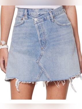 Agolde Criss Cross Frayed Hem Light Blue Denim Mini Skirt